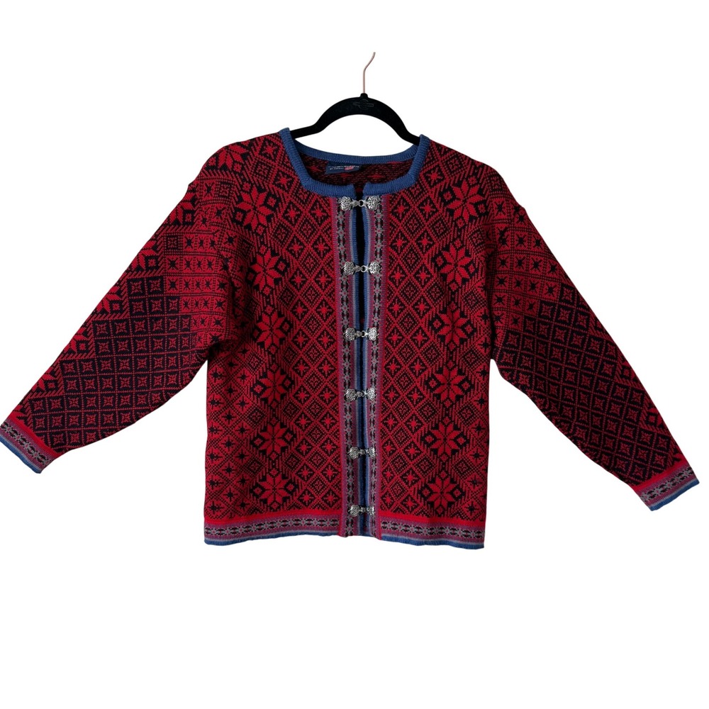 Skjaeveland of Norway Wool Cardigan Red Black Nordic Pewter Clasp Sweater Medium